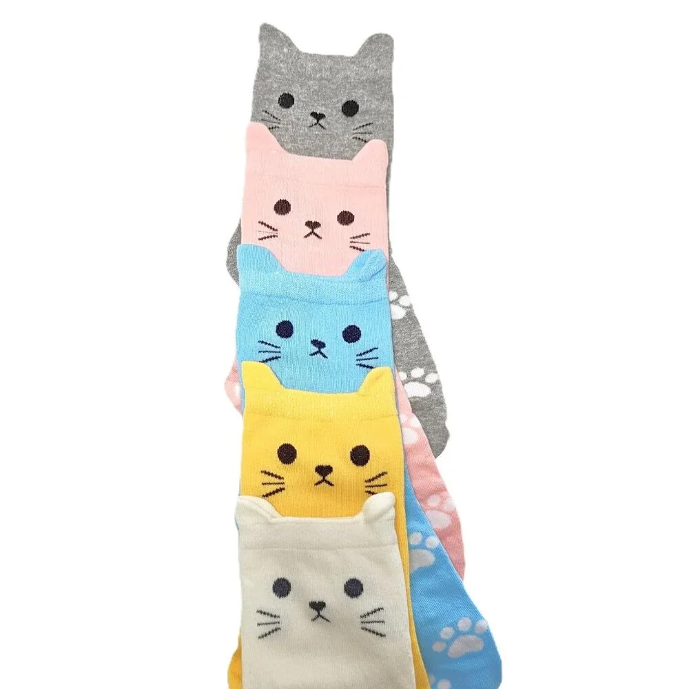 Jeasona 5 Pairs Cat Themed Face, Paws with Ears Sz 6-10 Crew Socks with Gift Tin